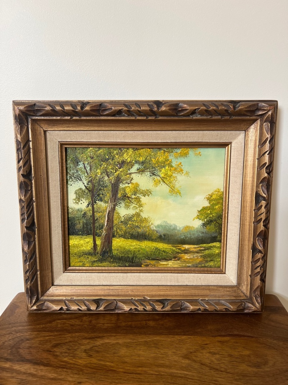 1970’s Vintage Framed Landscape Oil Painting - Sunlit Woodland & Stream